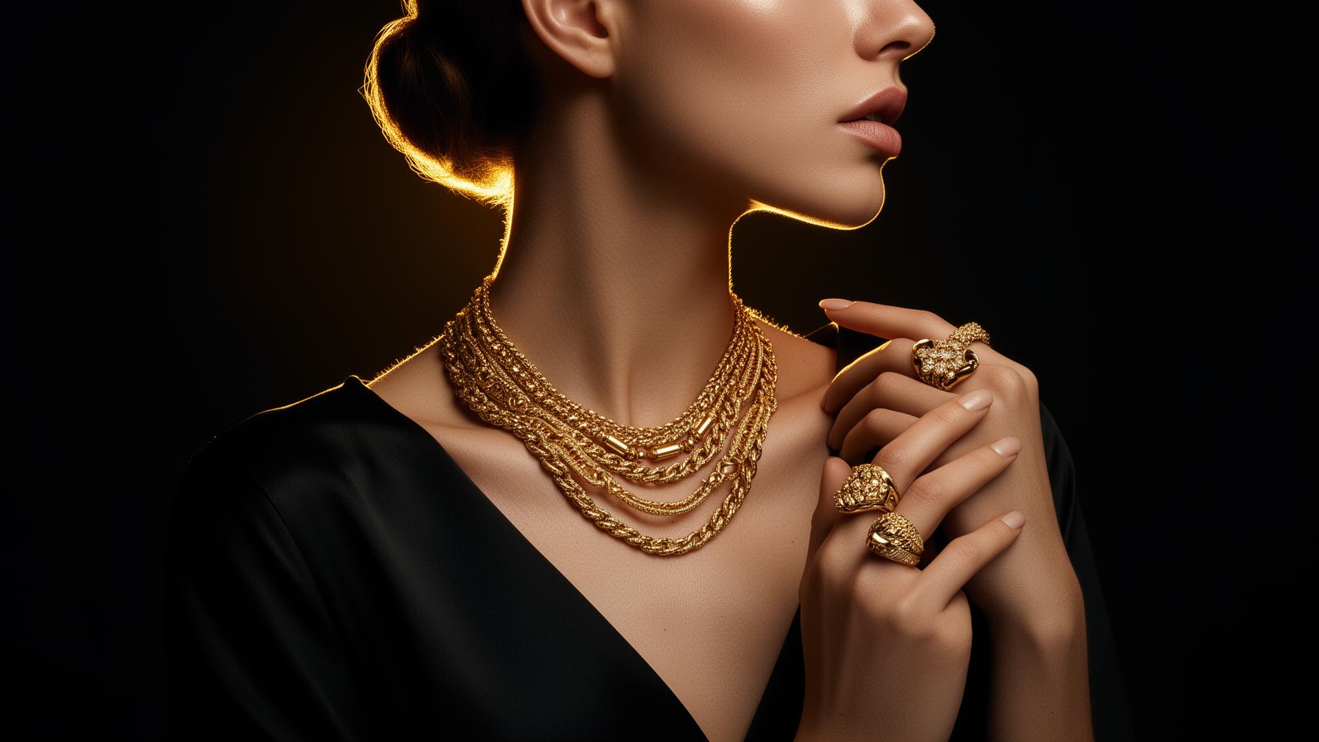 Woman wearing luxury gold jewelry